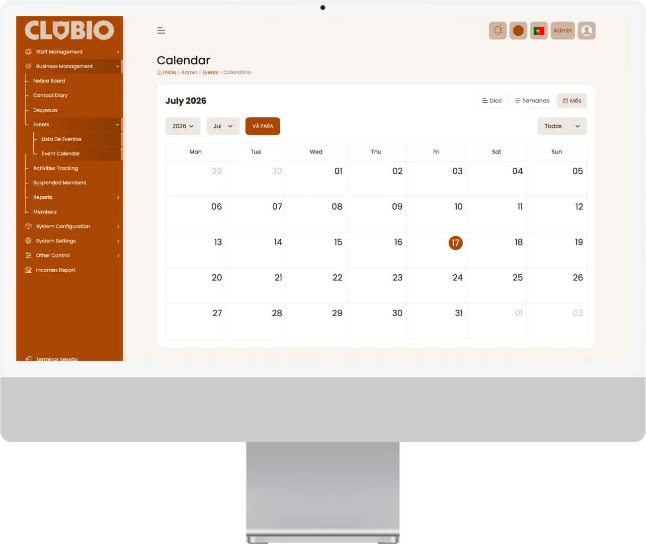 Clubio — calendário de eventos