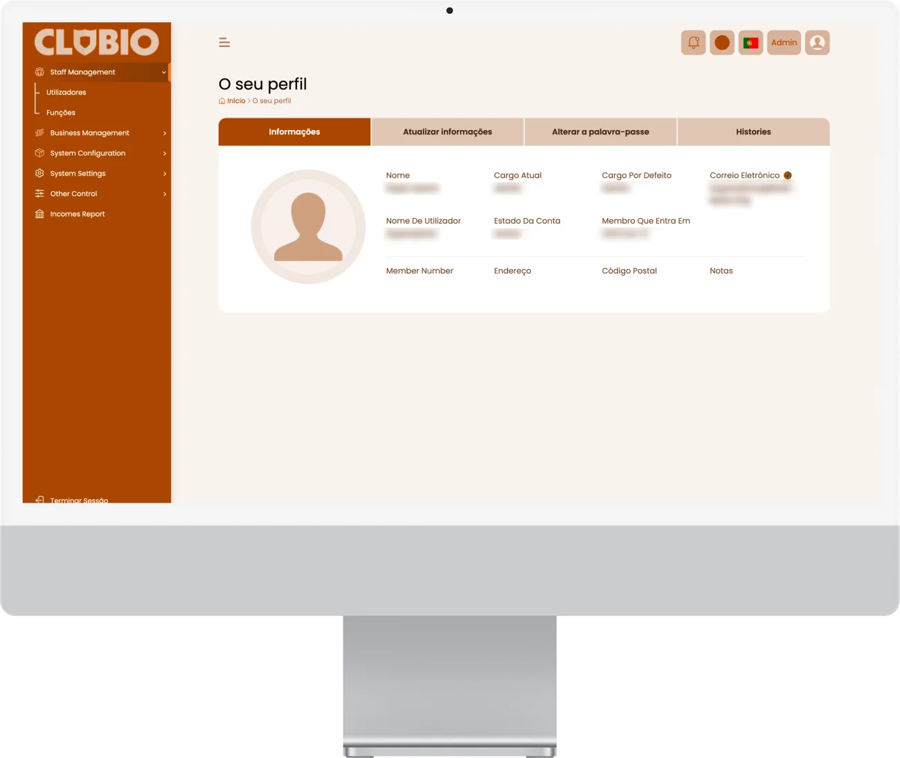Clubio — backoffice, perfil de sócio